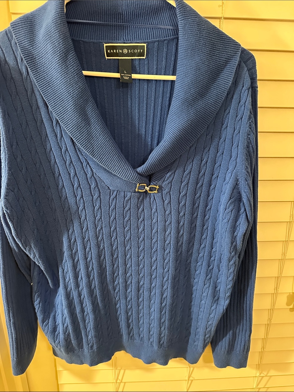 Karen Scott Blue Cable-Knit Shawl Collar Sweater with Clasp